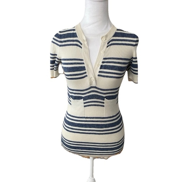 **PRADA** Navy Blue White Stripe T-shirt Blouse Size 40 Small Button Pockets - Picture 2 of 9